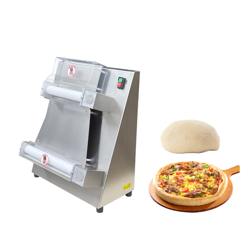 Automatic pizza dough sheeter machine with rollers, plus dough ball and topped pizza