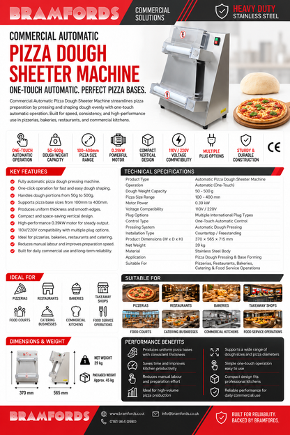 A promotional infographic for the Bramford Commercial Solutions Pizza Dough Sheeter Machine, featuring a product photo, feature icons, technical specifications, suitable uses, dimensions, and performance benefits.