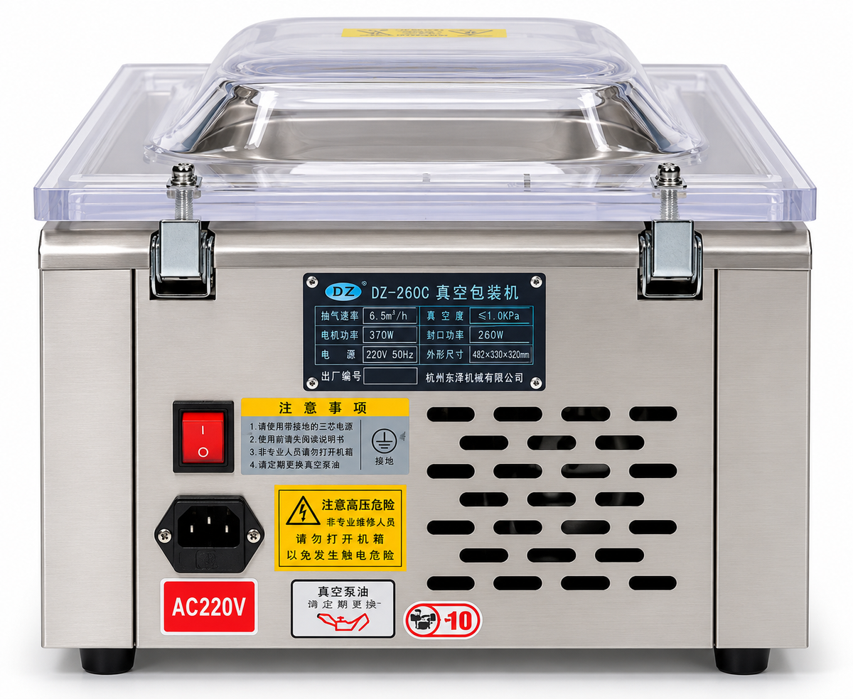 A stainless steel vacuum sealer machine with a clear plastic lid, featuring a red power switch, a black AC220V socket, and various warning labels on the front panel.