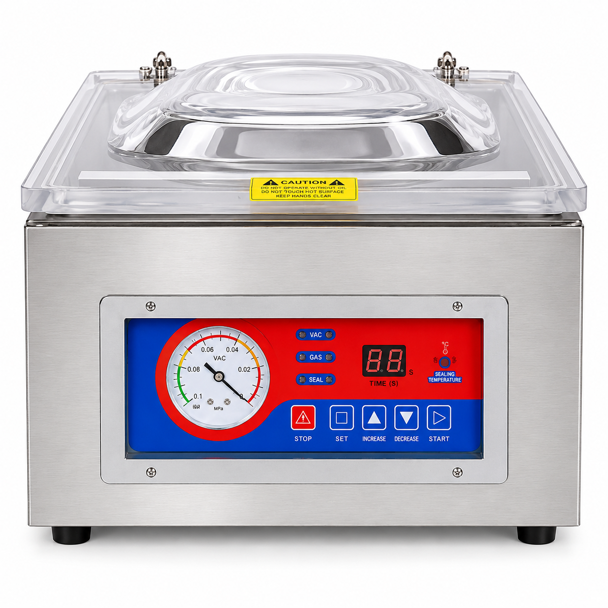 A stainless steel vacuum sealer machine with a clear plastic lid, featuring a digital control panel with a red and blue background, a pressure gauge, and a digital display screen.