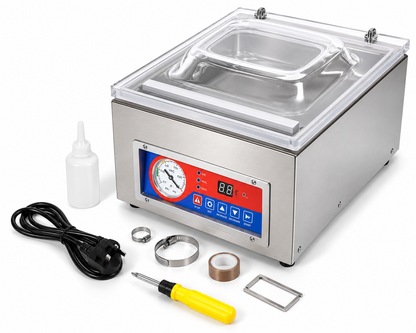 A stainless steel sublimation freezer or vacuum chamber with a clear lid, digital control panel, and various accessories including a power cord, glue bottle, hose clamp, tape, and screwdriver, displayed on a clean white background.