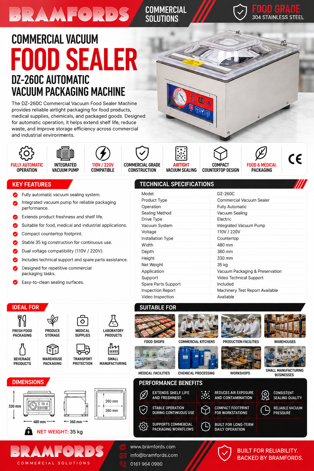 A promotional technical spec sheet for the Bramfords DZ-260C Automatic Vacuum Packaging Machine. The sheet features a large product photo of the machine in the top right, showing its stainless steel body, digital control screen, and vacuum pump.