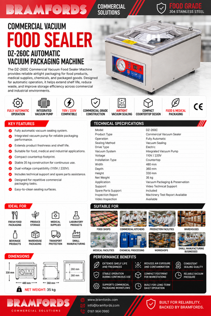 A promotional technical spec sheet for the Bramfords DZ-260C Automatic Vacuum Packaging Machine. The sheet features a large product photo of the machine in the top right, showing its stainless steel body, digital control screen, and vacuum pump.