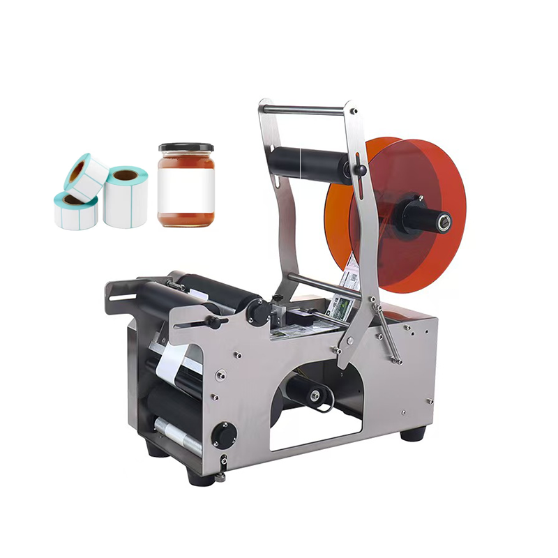 Desktop semi-automatic bottle label applicator with round label roll and stainless frame