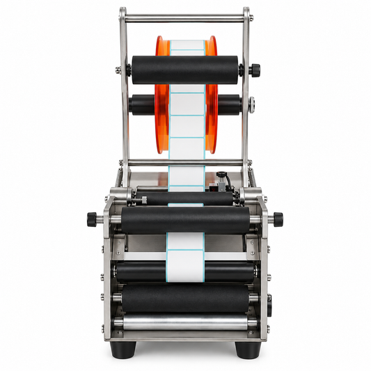 FRIENDPACK UPK-ULM-MT-50 ±0.5mm 220V/110V Desktop Round Bottle Labeling Machine, Semi-Automatic Sticker Label Applicator, Stainless Steel Body, 25-50 Bottles/Min