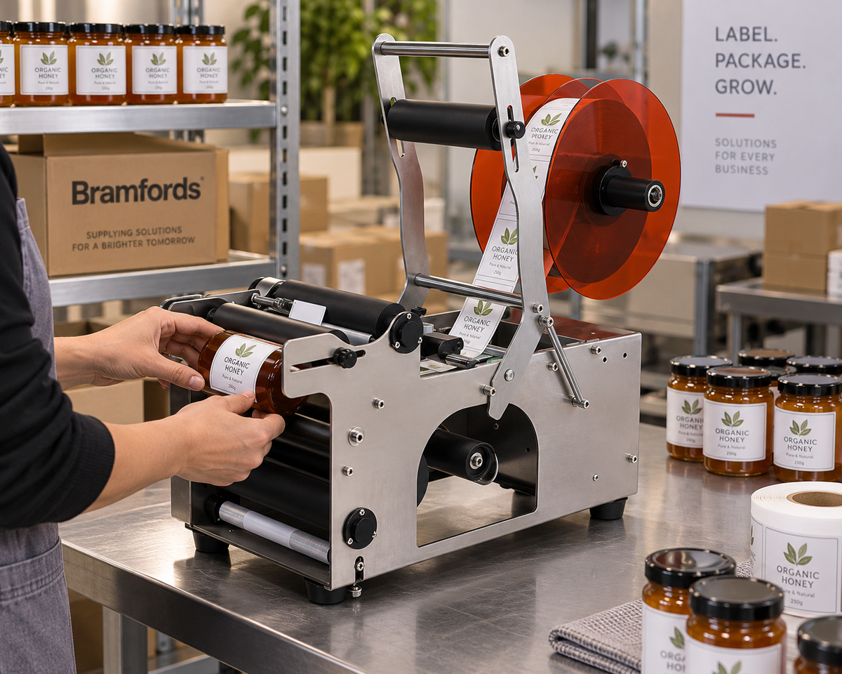 FRIENDPACK UPK-ULM-MT-50 ±0.5mm 220V/110V Desktop Round Bottle Labeling Machine, Semi-Automatic Sticker Label Applicator, Stainless Steel Body, 25-50 Bottles/Min