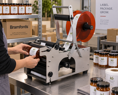 FRIENDPACK UPK-ULM-MT-50 ±0.5mm 220V/110V Desktop Round Bottle Labeling Machine, Semi-Automatic Sticker Label Applicator, Stainless Steel Body, 25-50 Bottles/Min
