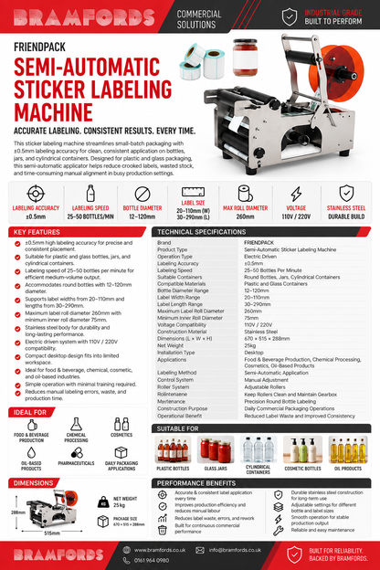 FRIENDPACK UPK-ULM-MT-50 ±0.5mm 220V/110V Desktop Round Bottle Labeling Machine, Semi-Automatic Sticker Label Applicator, Stainless Steel Body, 25-50 Bottles/Min