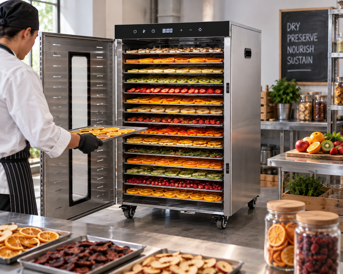 A large stainless steel food dehydrator with wheels stands open in a kitchen setting, filled with trays of colorful sliced fruits and vegetables. A person in a white chef coat and black apron is visible on the left, holding a tray of dried fruit.