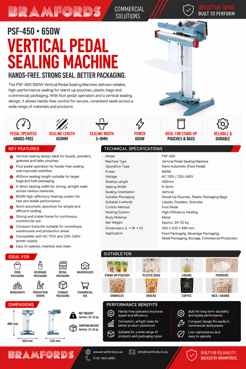 HIPAC PSF-450 450mm 650W AC 110V/220-240V Vertical Pedal Sealing Machine, Semi-Automatic Band Sealer For Stand-Up Pouches And Plastic Bags