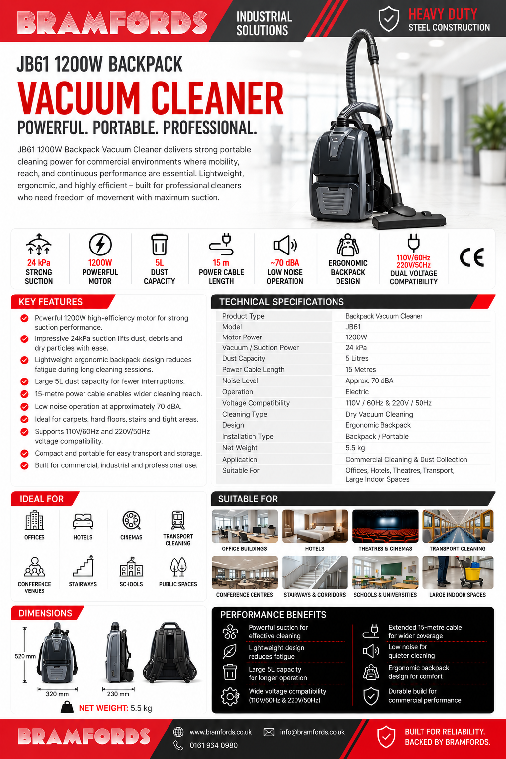 A promotional product sheet for the Bramfords JB61 1200W Backpack Vacuum Cleaner. The sheet features a large product photo of the black vacuum cleaner at the top right, with the Bramfords logo at the top left.