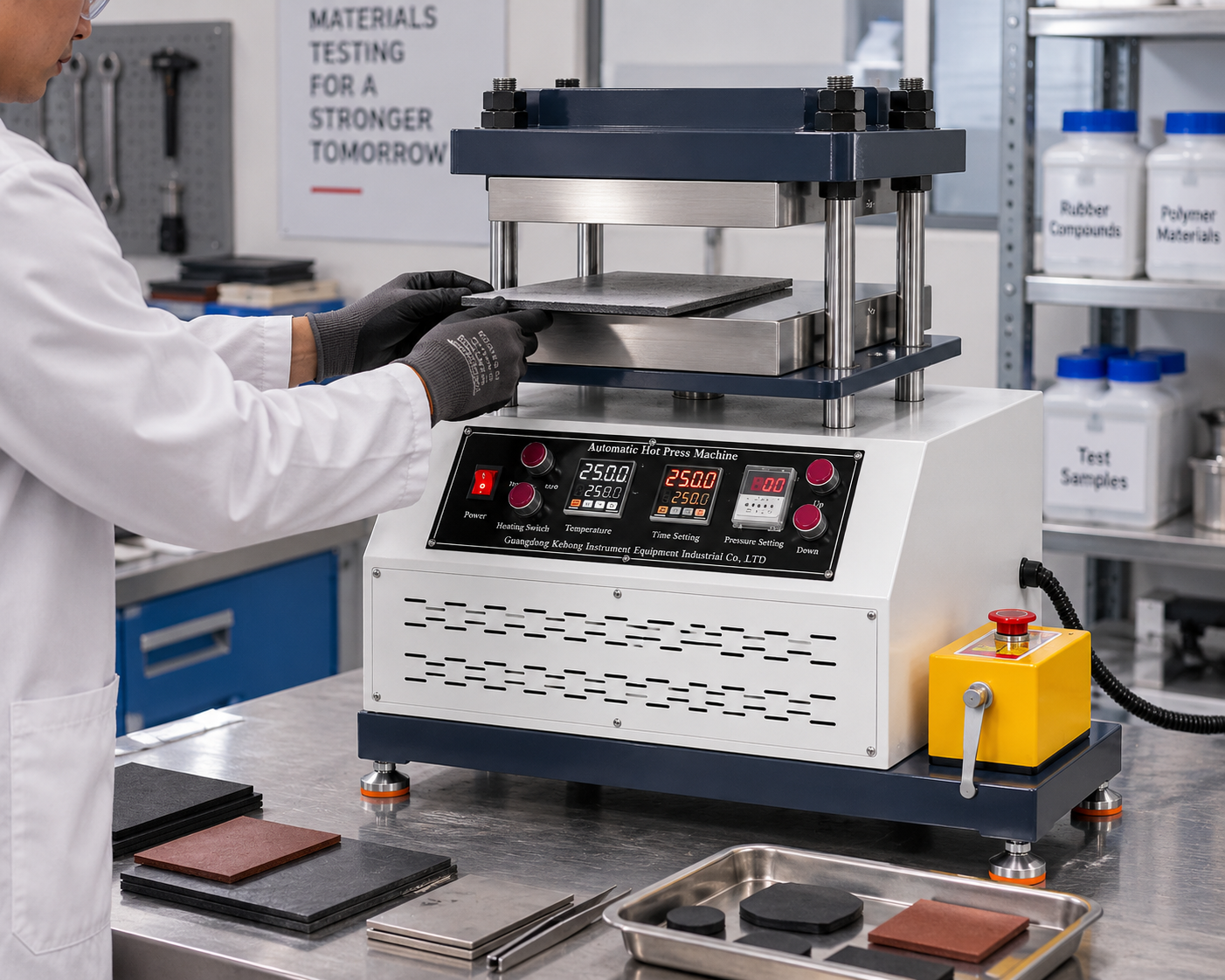 Kehong KH-6014H RT-250C ≤0.01mm Platen Flatness 1kW Vulcanizing Heat Press Machine With Dual Temperature Controllers And 200kg/cm² Pressure Gauge