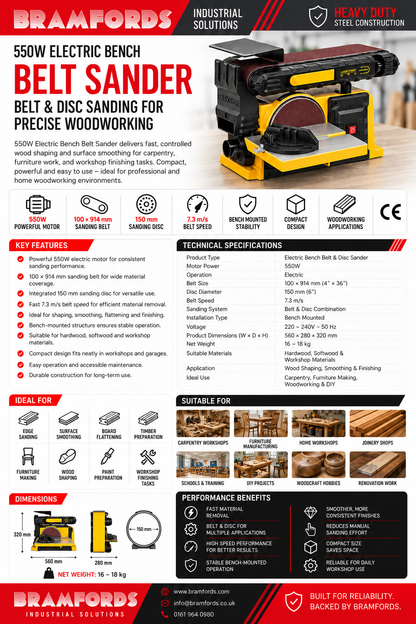 A promotional infographic for the Bramfords 550W Electric Belt Sander, showing the product in a yellow and black handle with a red belt attachment. The graphic includes extensive text detailing features, specifications, dimensions, suitable applications, and performance benefits on a white background.