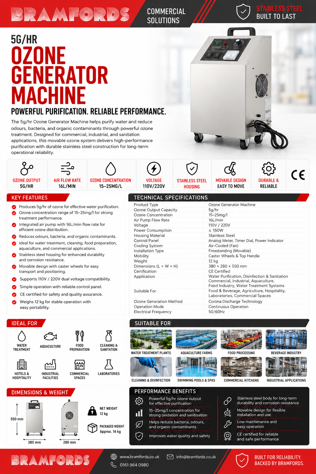 QJOzone QJ-8003K-5A 5g/Hr 110V/220V Ozone Generator Machine, 15-25mg/L Water Purification System With Stainless Steel Housing