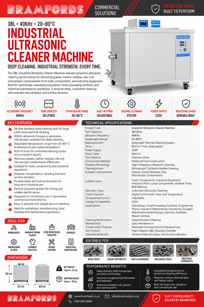 SN-1012F+ 38L 40kHz 220V Industrial Ultrasonic Cleaner Machine With 20-80°C Heating System And Stainless Steel Tank