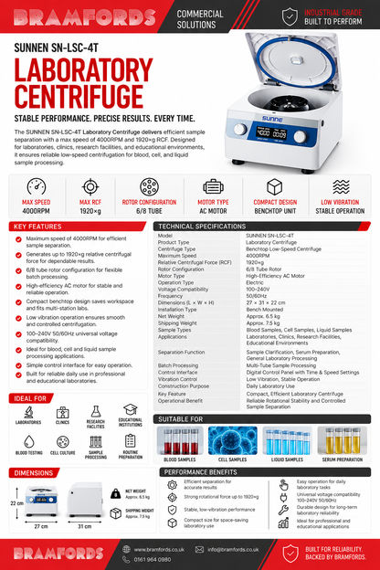 SUNNEN SN-LSC-4T 4000RPM 1920xg 100-240V Laboratory Centrifuge, 6/8 Tube Rotor Benchtop Sample Separation Machine