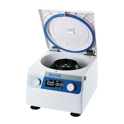 Benchtop laboratory centrifuge with open lid and blue-ring rotor, control display