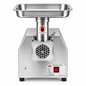 A stainless steel JINKUN electric meat grinder with a rectangular metal feed hopper on top, a cylindrical motor housing, a circular grinding opening with a black vented grille, and a front control panel with a red power switch.