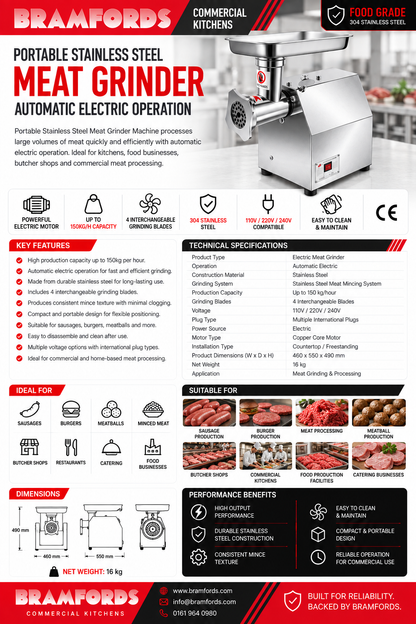 A promotional infographic for the Braamford Portable Stainless Steel Meat Grinder, showing the grinder, its features, dimensions, technical specifications, suitable foods, and performance benefits in a clean, multi-section layout.