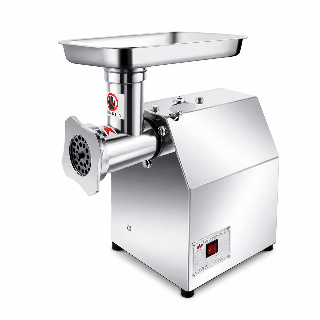 Stainless steel portable meat grinder with hopper and round grinding plate
