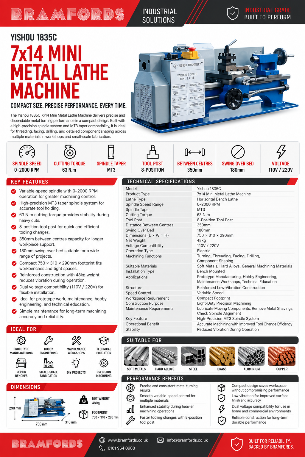 Yishou 1835C 180x350mm 0-2000 RPM 220V/110V Mini Metal Lathe Machine With MT3 Spindle And 7x14 Bench Design