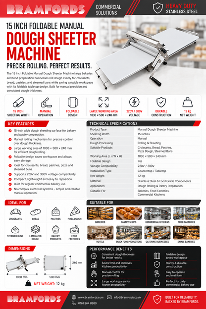 A detailed product information sheet for the Brampords 15 Inch Foldable Manual Dough Squeeker Machine. The sheet features a large technical drawing of the silver and black machine, a list of features, technical specifications, suitable industries, dimensions, and performance benefits on a white background with red and black branding.